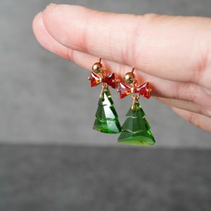 Christmas Tree Earrings, Glass Dazzling Christmas Tree Stud, Cute Christmas Deco, Bow Tie Christmas Tree, Christmas Gifts for Her image 6