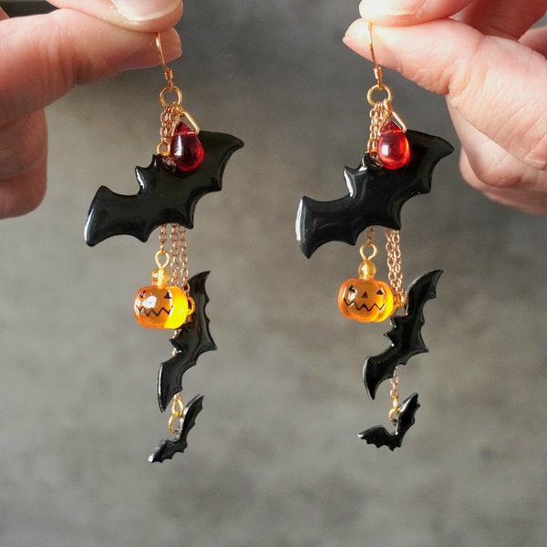 Bats Pumpkin Dangle Earrings, Halloween Earrings, Spooky Black Bat Earrings, Witchy Earrings, Acrylic Creepy Earrings, Gothic Earrings