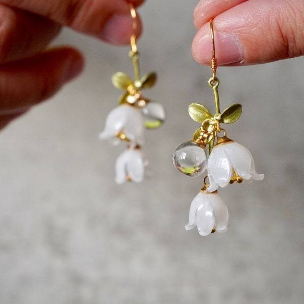 Lily of the Valley Earrings, Flower Dangle Earrings, Bubble White Fairy Floral Earrings, Bell Orchid, Gift for her, Pink Lily of the Valley