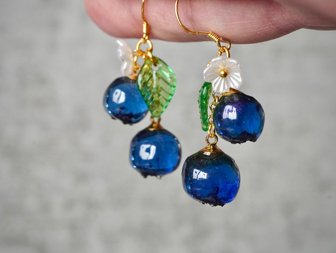 Blueberries Earrings, Fruit Earrings, Blueberry Cluster Earrings, Resin Berries Drop Earrings, Food Earrings