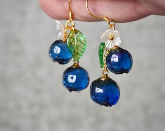 Blueberries Earrings, Fruit Earrings, Blueberry Cluster Earrings, Resin Berries Drop Earrings, Food Earrings