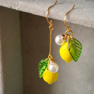 Pendientes de limón, pendientes de comida de frutas, lindos pendientes Kawaii, pendientes Cottagecore, regalo para amantes de las plantas jardineras