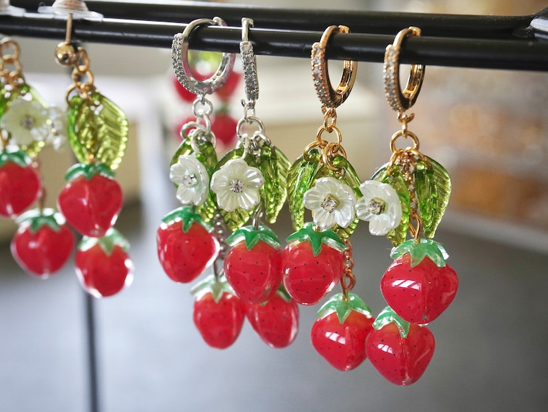 Strawberry Earrings, Fruit Food Earrings, Cute Kawaii Earrings, Cottagecore Earrings, Gift for Gardener Plant Lover Clasp