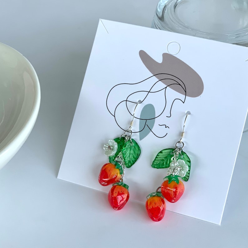 Strawberry Earrings, Fruit Food Earrings, Cute Kawaii Earrings, Cottagecore Earrings, Gift for Gardener Plant Lover zdjęcie 4