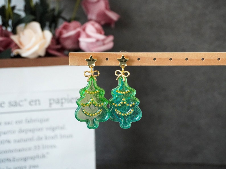 Christmas Tree Earrings, Pine Tree Earrings, Christmas Earrings, Holiday Gift, Festive Jewelry, Glitter Christmas Tree Earrings image 1