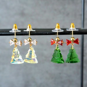 Christmas Tree Earrings, Glass Dazzling Christmas Tree Stud, Cute Christmas Deco, Bow Tie Christmas Tree, Christmas Gifts for Her image 1