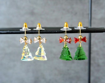 Christmas Tree Earrings, Glass Dazzling Christmas Tree Stud, Cute Christmas Deco, Bow Tie Christmas Tree, Christmas Gifts for Her