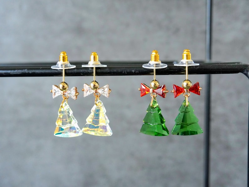 Christmas Tree Earrings, Glass Dazzling Christmas Tree Stud, Cute Christmas Deco, Bow Tie Christmas Tree, Christmas Gifts for Her image 1