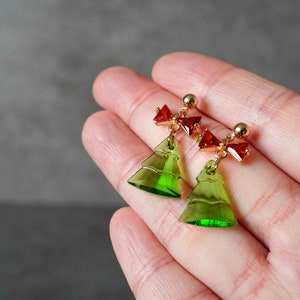 Christmas Tree Earrings, Glass Dazzling Christmas Tree Stud, Cute Christmas Deco, Bow Tie Christmas Tree, Christmas Gifts for Her image 5