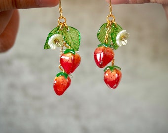 Strawberry Earrings, Fruit Food Earrings, Cute Kawaii Earrings, Cottagecore Earrings, Gift for Gardener Plant Lover