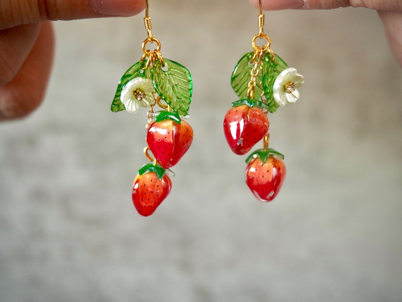 Strawberry Earrings, Fruit Food Earrings, Cute Kawaii Earrings, Cottagecore Earrings, Gift for Gardener Plant Lover image 1