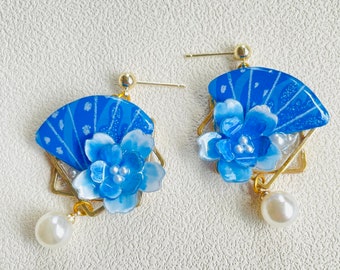 Cherry Blossom Fan Earrings, Anime Earrings, Japanese Sakura Lightweight Dangle Earrings, Beads, Blue, Drop Earrings