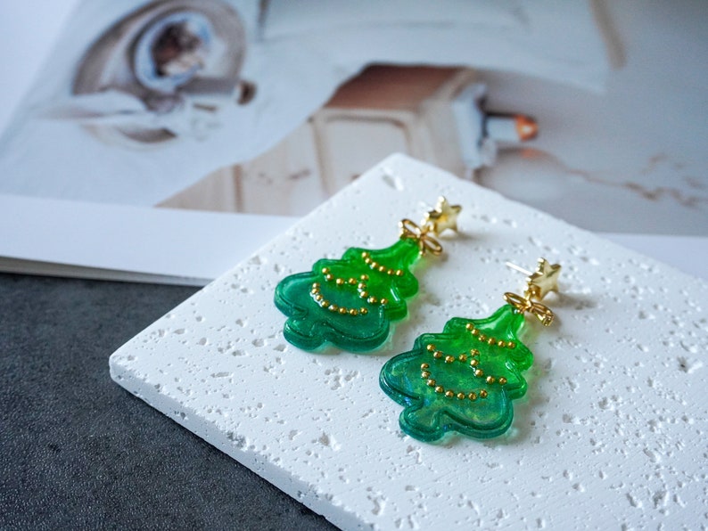 Christmas Tree Earrings, Pine Tree Earrings, Christmas Earrings, Holiday Gift, Festive Jewelry, Glitter Christmas Tree Earrings image 4