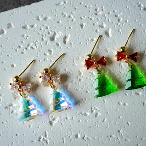 Christmas Tree Earrings, Glass Dazzling Christmas Tree Stud, Cute Christmas Deco, Bow Tie Christmas Tree, Christmas Gifts for Her image 2