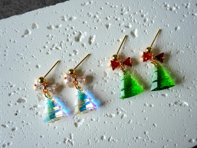 Christmas Tree Earrings, Glass Dazzling Christmas Tree Stud, Cute Christmas Deco, Bow Tie Christmas Tree, Christmas Gifts for Her image 2