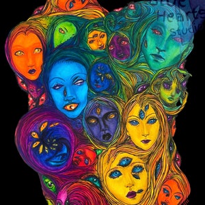 Puede incluir: Una obra de arte vibrante y colorida que presenta un grupo de rostros estilizados con múltiples ojos, representados en una variedad de tonos, incluyendo azul, amarillo, naranja y morado. La obra incluye el texto "Blue Hearts studio" y la firma del artista.