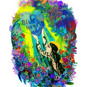 May include: A colorful, abstract painting featuring a woman holding a blue heart with the text "Blue Hearts Studio" on it. The painting is surrounded by flowers, butterflies, and birds.