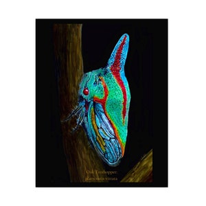 May include: A vibrant green, blue, and red oak treehopper, known as platycostis vittata, is perched on a brown branch against a black background. The insect's intricate patterns and bright colors are highlighted in this detailed illustration.