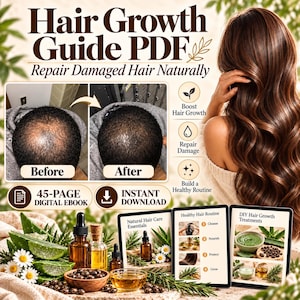 May include: A digital Hair Growth Guide PDF featuring before and after photos of scalp hair, text about repairing damage, and icons for growth and routines. Includes three tablet screens showing natural hair care, routines, and DIY treatments.