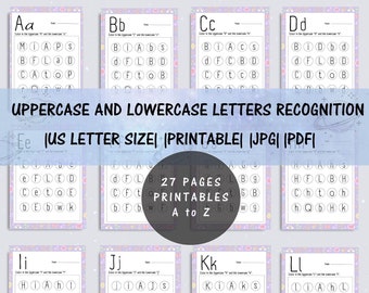 Fogli di lavoro per il riconoscimento delle lettere stampabili / Lettere maiuscole e minuscole / Scuola materna/ /Pre-k/ /Kindergarten/ /homeschool/