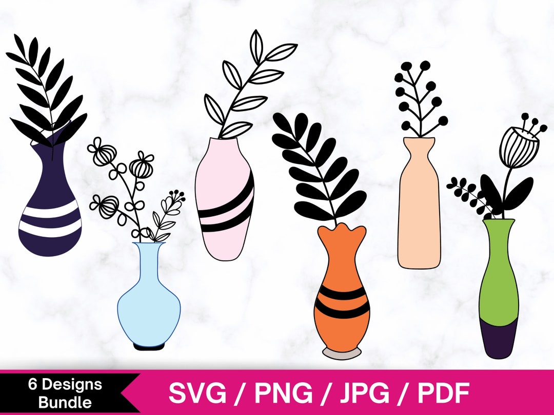 6 Set of Flower Vase Svg, Flower Vase Svg, Flower Vase Clipart, Floral