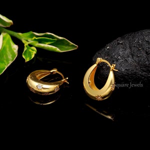 Chunky Gold Plated Hoops Earring, CZ Star Hoop Earrings For Women, Silver Plated Thick Hoop Minimalist Jewelry Gift For Her Birthday