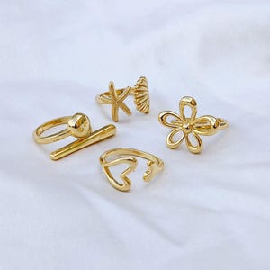 18k Gold Plated Stacking Ring Set: Flower, Heart, Seashell, Starfish