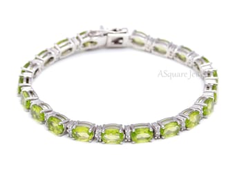 Natural Oval Cut Peridot Tennis Bracelets | 925 Sterling Silver Handmade Jewelry For Women | August Birthstone Bracelet For Her