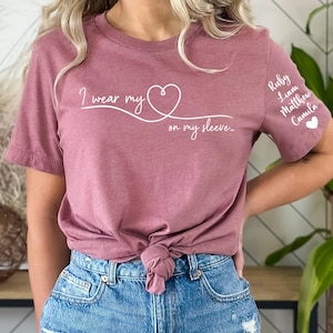 Personalized Mom T Shirt With Kids Names, I Wear My Heart On My Sleeve, Personal Custom Birthday Present, Mother&#39;s Day Gift, Gift from Kids