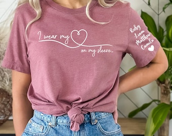 Camiseta personalizada para mamá: nombres de los niños en la manga, camiseta de cumpleaños personalizada.