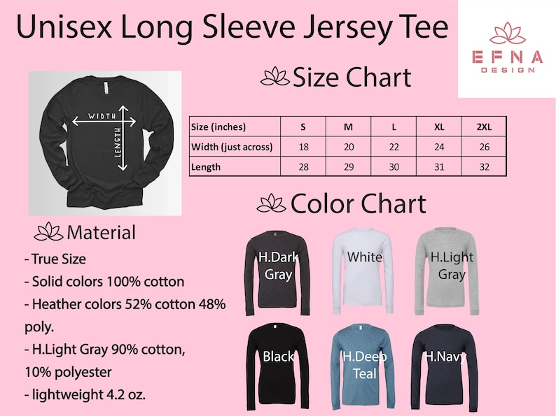 size chart of the long sleeve jersey tee