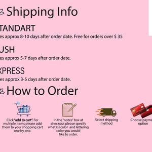a pink poster of shipping info