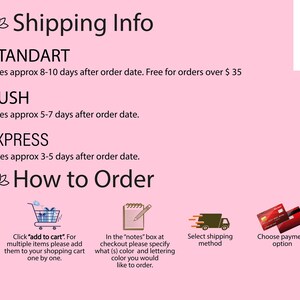 a pink poster with the words shipping info