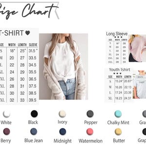 May include: A size chart for t-shirts, long sleeves, and youth t-shirts. The chart includes measurements for width, length, and sleeve length in inches. Color options are also displayed, including white, black, and berry.