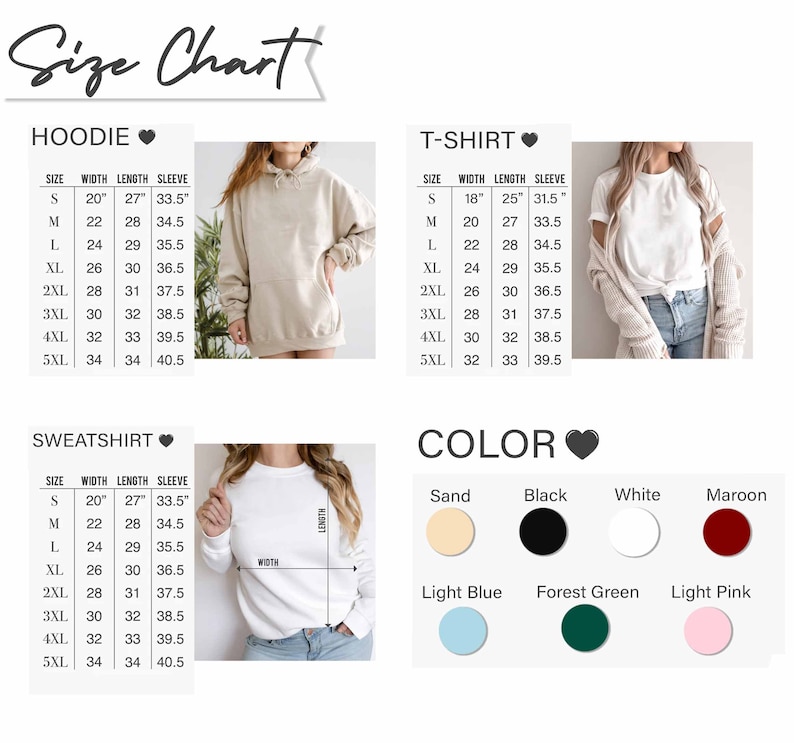 Pu&ograve; includere: Tabella delle taglie per felpe con cappuccio, t-shirt e felpe. La tabella mostra le taglie dalla S alla 5XL con le misure corrispondenti di larghezza, lunghezza e manica in pollici. Le opzioni di colore includono sabbia, nero, bianco, marrone, blu chiaro, verde bosco e rosa chiaro.