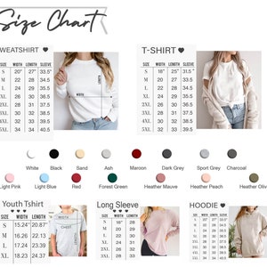 Puede incluir: Tabla de tallas para sudaderas, camisetas, camisas de manga larga y sudaderas con capucha. La tabla muestra el ancho, la longitud y la longitud de la manga para cada talla, desde la S hasta la 5XL. La tabla tambi&eacute;n incluye una paleta de colores con varios colores, incluyendo blanco, negro, arena, ceniza, granate, gris oscuro, gris deportivo, carb&oacute;n, rosa claro, azul claro, rojo, verde bosque, malva jaspeado, melocot&oacute;n jaspeado y oliva jaspeado.