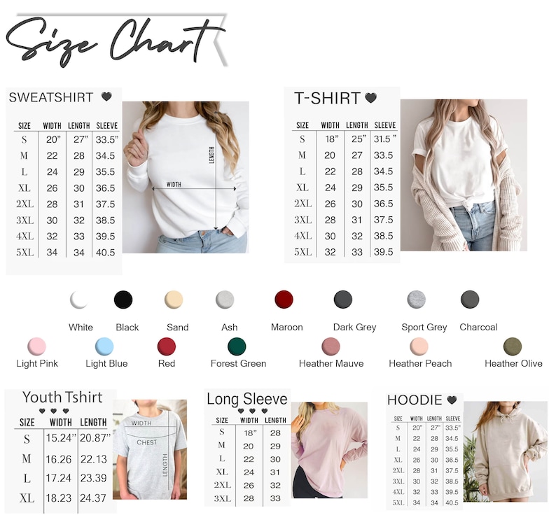 Puede incluir: Tabla de tallas para sudaderas, camisetas, camisas de manga larga y sudaderas con capucha. La tabla muestra el ancho, la longitud y la longitud de la manga para cada talla, desde la S hasta la 5XL. La tabla tambi&eacute;n incluye una paleta de colores con varios colores, incluyendo blanco, negro, arena, ceniza, granate, gris oscuro, gris deportivo, carb&oacute;n, rosa claro, azul claro, rojo, verde bosque, malva jaspeado, melocot&oacute;n jaspeado y oliva jaspeado.