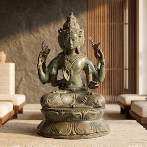 Könnte beinhalten: Eine bronzefarbene Statue einer Gottheit mit mehreren Armen, die im Schneidersitz auf einem lotosförmigen Sockel sitzt. Die Figur trägt eine verzierte Krone, aufwendigen Schmuck und hält verschiedene Symbole in den Händen, mit Patina.