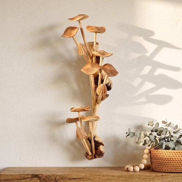Wall Hanging Mushroom Sculpture, Mini Woodland Decor, Rustic Forest Art Statue, 10 inch