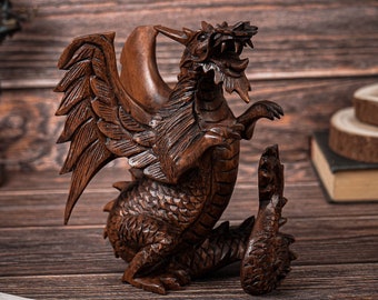 Fire Dragon Statue 6.5", Dragon Figurine, Mystical Animal, Dragon Wood Carving, Halloween, Ghotic, Room Decor, Rustic, Mother Loss Gift