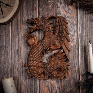 Wooden Dragon Holding Ball Wall Art 10&quot;, Dragon Carving, Wood Carving, Fantasy, Handmade Gift, Room Decor, Birthday Gift, Gift for Her