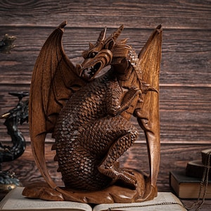 Houten standbeeld draak 10,3", unieke sculptuur, Chinese draak, mystiek dier, uniek, handgemaakt, Halloween-decor, kamerdecor, cadeau voor haar