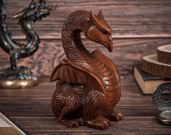 Calm Dragon Statue 6", Wooden Dragon, Handicraft, Fantasy Animal, Dragon Carved, Unique Statue, Indoor Decor, Gift for Children, Best Gift