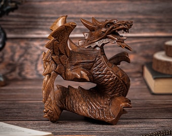 Hand Carved Wooden Dragon Statue, Mystical Chinese Animal Sculpture, 5 inch