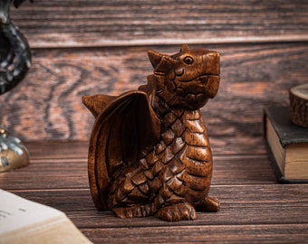 Handcrafted Suar Wood Baby Dragon Sculpture, Mystical Winged Animal Art, 4 Inch
