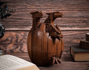 Triplets Baby Dragon Sculpture 5.7", Baby Dragon, Egg, Mystical Animal, Art, Wood Carving, Wooden Figurine, Bedroom Decor, Gift for Mom
