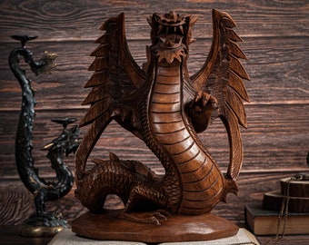 Handmade Wooden Dragon Figurine, Mystical Winged Sculpture, Handicraft Room Decor, 12.5 Inch