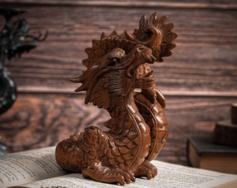 Wooden Dragon Statue 5.9", Unique Sculpture, Chinese Dragon, Mystical Animal, Unique Statue, Handmade, Art, Gift for Her, Grandfather Gift