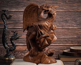 Wooden Dragon Statue 12", Dragon Figurine, Mystical Animal, Wood Carving Dragon, Exotic, Living Room Decor, Decorative, Gift for Father