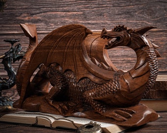 Dragon on Rock Figurine 13.3" Width, Wooden Dragon, Winged Dragon, Lucky Ornament, Wood Carving, Living Room Decor, Memorial Gift, Birthday